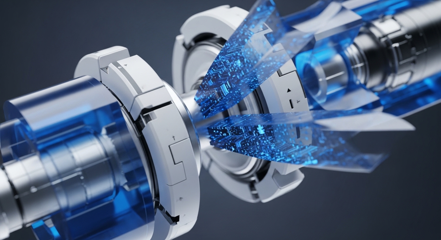 An abstract, high-tech mechanical core illustrates a sophisticated decentralized ledger technology infrastructure. Gleaming white and metallic components form a central conduit, housing translucent blue elements. One section visually depicts intricate glowing blue circuitry, symbolizing dynamic data throughput and complex consensus mechanism operations. These glowing patterns suggest the real-time processing of transactional data within a robust blockchain interoperability protocol. The design evokes precision engineering vital for secure smart contract execution and scalable digital asset management, emphasizing efficiency in a distributed network environment.