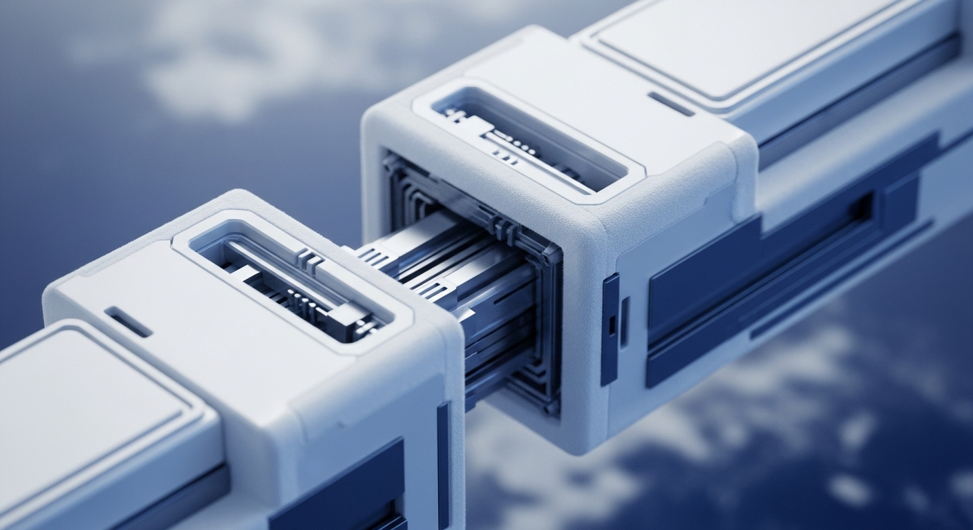 Several futuristic, white and dark blue modular blocks are depicted in a close-up, interconnected against a blurred sky background. The blocks feature intricate internal mechanisms at their connection points, suggesting a complex data transfer or secure linking process