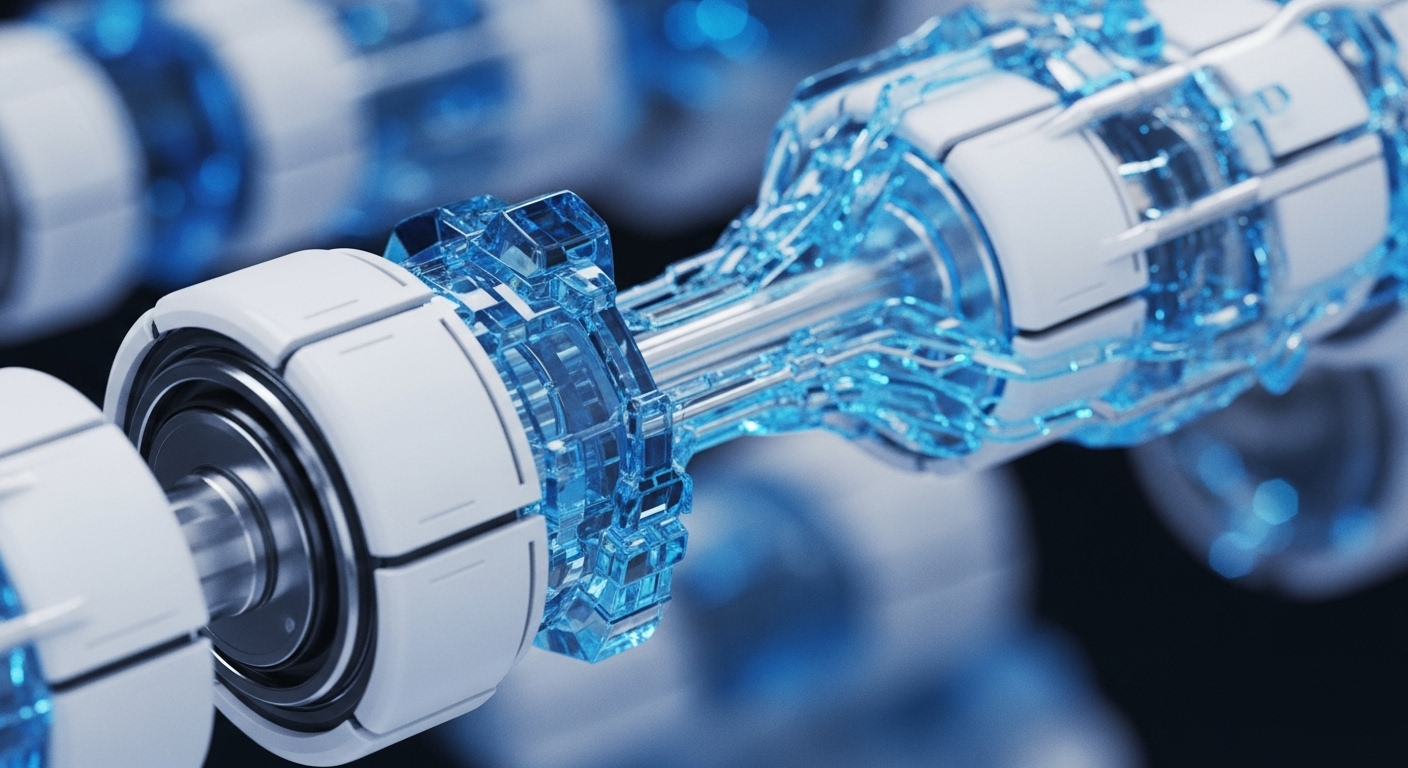 Interconnected white and transparent blue cylindrical modules form a linear chain, with the blue sections revealing intricate glowing internal structures. A prominent central connection highlights a metallic shaft joining two modules, one opaque white and the other translucent blue