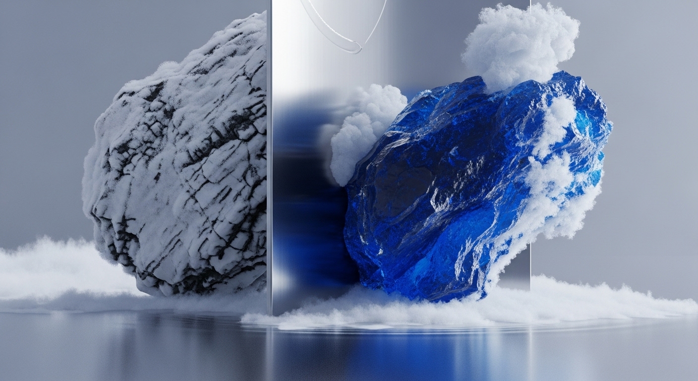 The image presents a striking visual juxtaposition of a dark, snow-covered rock formation on the left and a luminous blue crystalline structure on the right, separated by a reflective vertical panel. White mist emanates from the base, spreading across a reflective surface