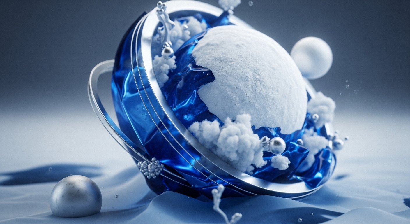 A dynamic abstract composition features a central spherical form, emblematic of a tokenized ecosystem, partially enveloped in a textured white material signifying data integrity and consensus mechanisms. Vibrant blue, reflective material, representing liquidity pools and smart contract execution, flows around it. Multiple silver rings orbit the sphere, illustrating complex blockchain architecture and protocol layers crucial for scalability solutions. Scattered white clusters symbolize distributed network nodes and validator sets, while metallic spheres and abstract elements denote diverse digital assets and cross-chain bridges, all resting upon a foundational Web3 infrastructure.