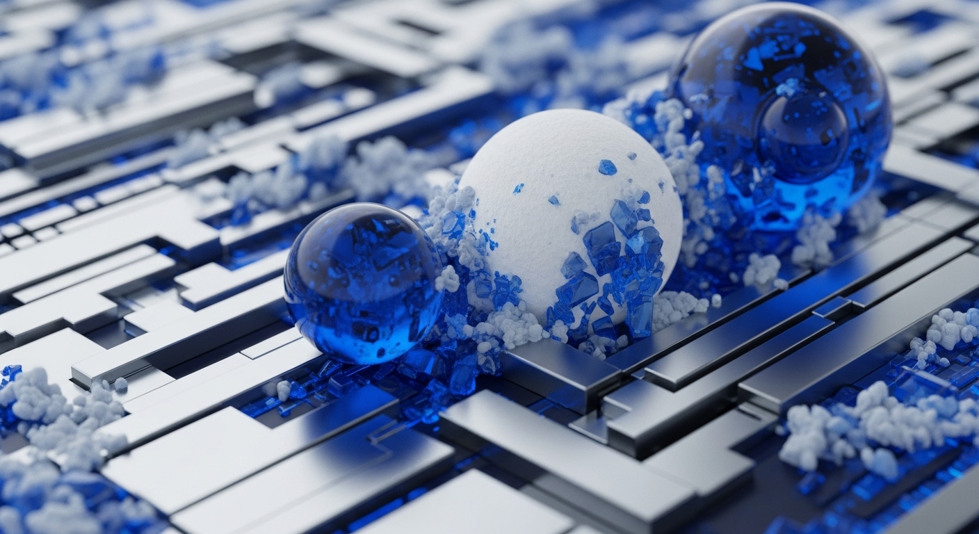 The image presents an abstract digital landscape featuring three spherical objects and a metallic grid base. Two transparent blue spheres and one opaque white sphere are surrounded by granular particles and crystalline fragments