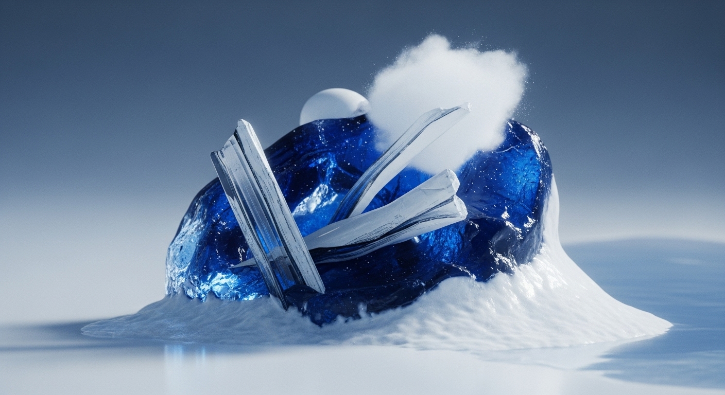 The image displays an abstract arrangement centered on a large, irregular, deep blue translucent form, resembling a crystalline or icy structure. Several elongated, sharp-edged white elements are embedded within this blue mass, while a frothy white substance spreads outwards from its base, topped by a white sphere and a cloud-like puff