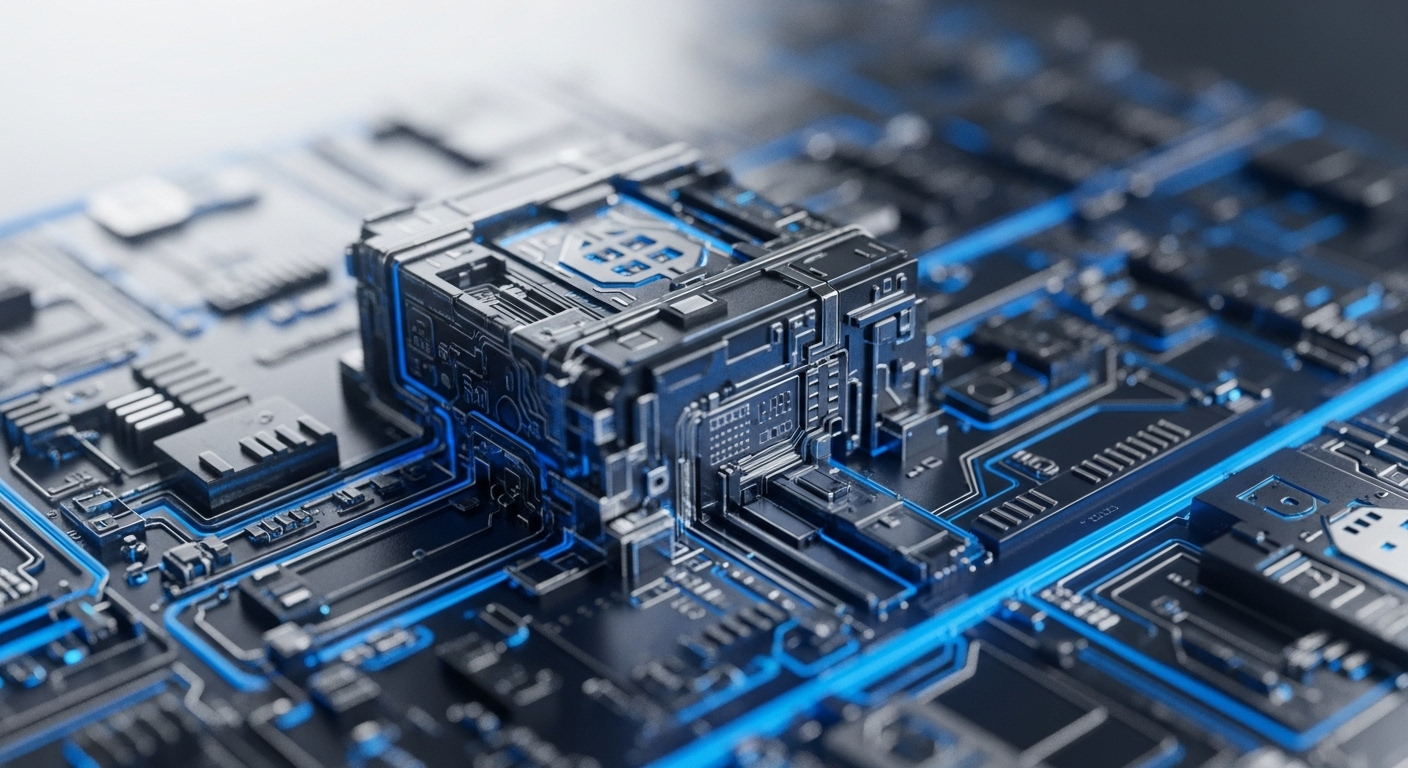 A sophisticated circuit board showcases a prominent central processing unit, its metallic housing intricately detailed with geometric patterns and blue illuminated pathways. These glowing traces symbolize data flow and energy distribution across a decentralized network, crucial for transaction processing and cryptographic hashing. This ASIC Application-Specific Integrated Circuit component represents core Web3 infrastructure, potentially functioning as a validator node or executing smart contracts. The interconnected components suggest a robust system designed for high-throughput proof-of-work computations, contributing to blockchain security and maintaining an immutable digital ledger. Its architecture hints at advanced distributed ledger technology capabilities.