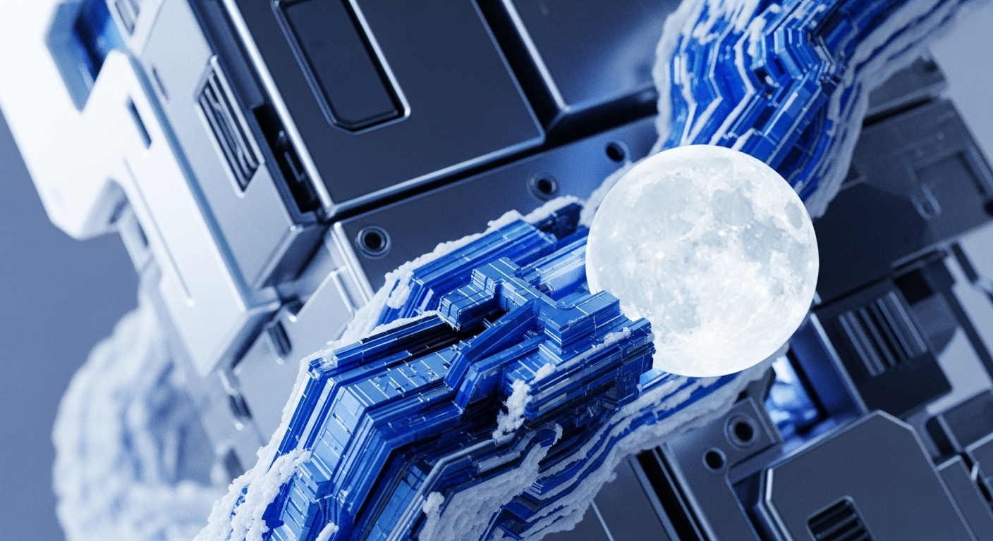 Angular, reflective metallic components, reminiscent of advanced ASIC mining rigs or blockchain nodes, form a complex infrastructure. Intricate blue crystalline structures, appearing as stacked data blocks or representations of cryptographic algorithms, are interwoven, encrusted with a frosty white substance, hinting at cold storage or cooling for intense transaction throughput. A luminous, textured sphere, a symbolic DeFi oracle or high-value digital asset, floats prominently, signifying a global decentralized network and its immutable ledger. This evokes the precision of smart contract execution and distributed ledger technology.