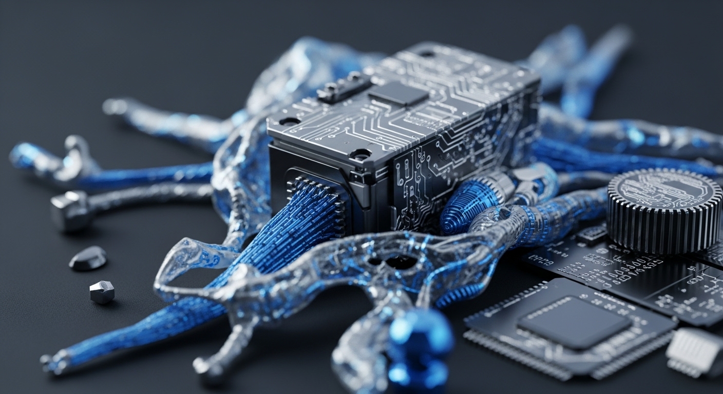 The image displays a complex arrangement of electronic components and abstract blue elements on a dark surface. A central dark grey rectangular module, adorned with silver circuit traces, connects to multiple translucent blue strands that resemble data conduits