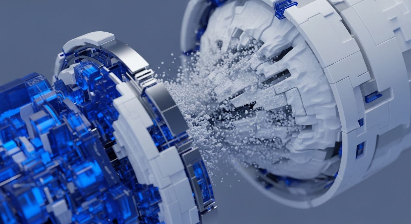 Two distinct futuristic mechanisms interact, one composed of transparent blue cubic structures and the other a white cylindrical device with a textured interior. A cloud of white particles emanates between them, suggesting an energetic transfer or process