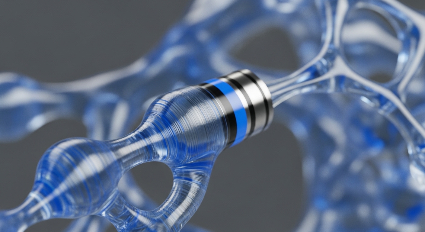 A close-up view reveals a highly detailed, translucent blue network, resembling a complex organic or digital lattice. A sleek, metallic cylindrical component, adorned with black and blue bands, is securely embedded within a junction of this intricate structure