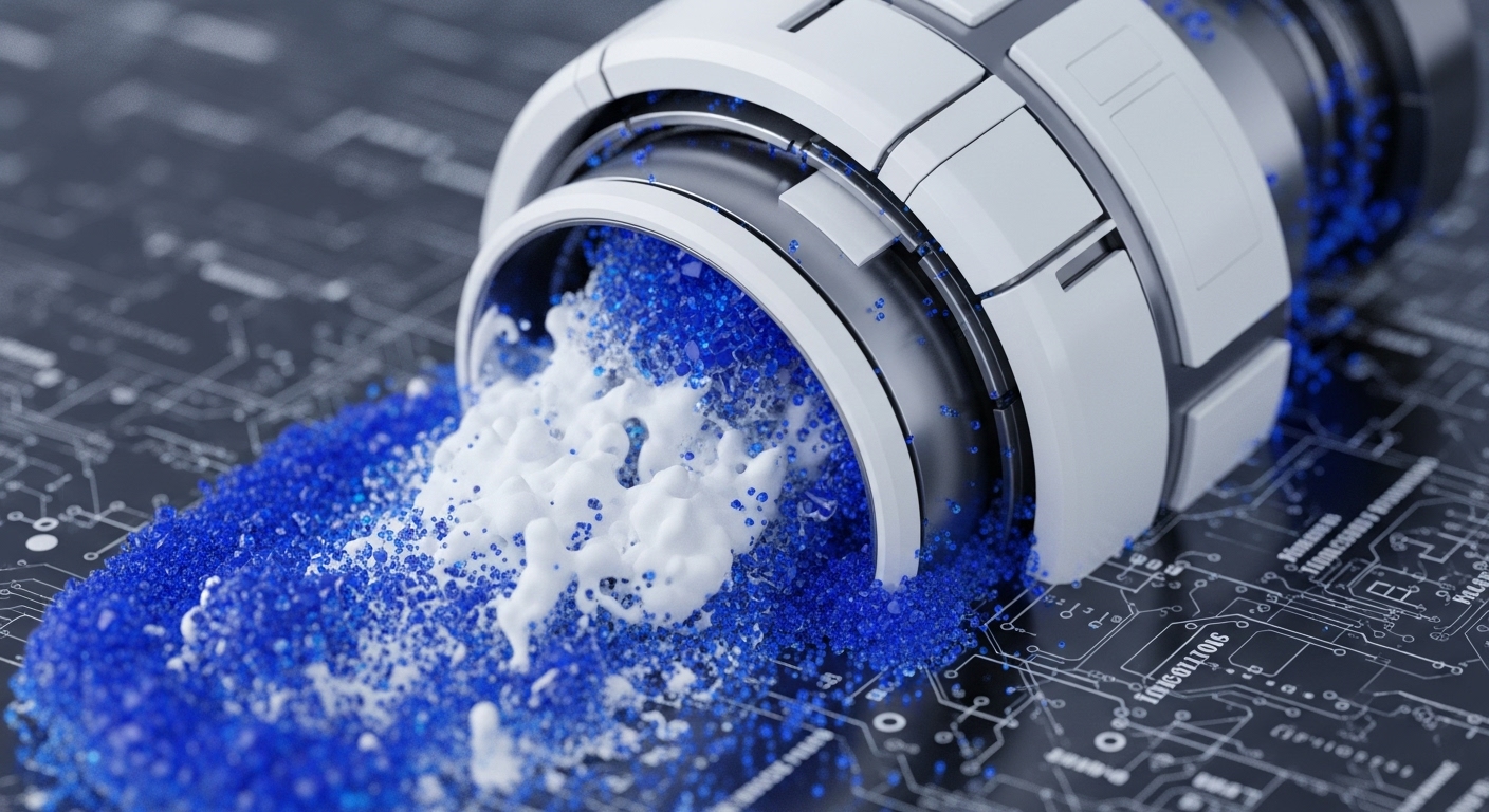A white and grey cylindrical device, resembling a data processing unit, is seen spilling a mixture of blue granular particles and white frothy liquid onto a dark circuit board. The circuit board features white lines depicting intricate pathways and visible binary code