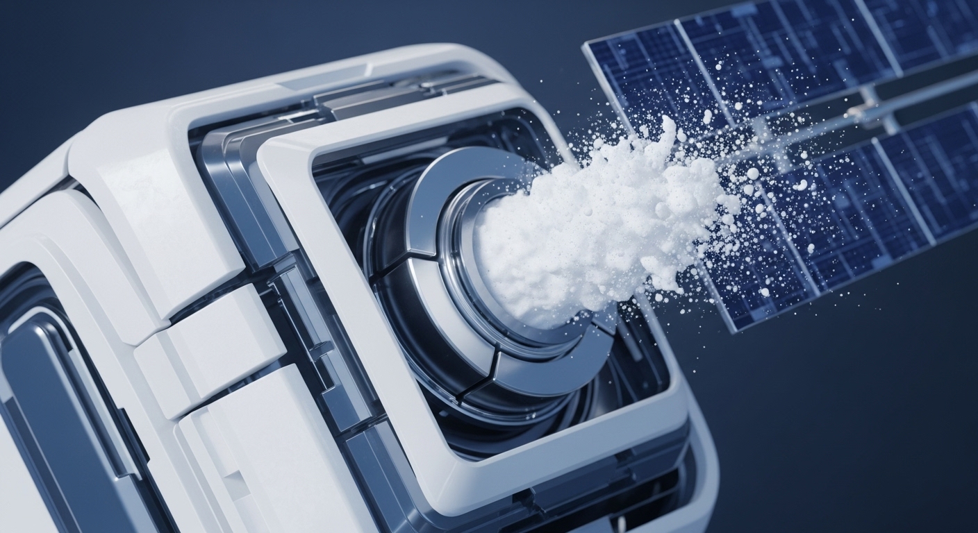 A sleek, white and metallic futuristic device ejects a cloud of granular white substance from its central aperture. This dynamic visual suggests a core blockchain infrastructure mechanism actively processing and generating cryptographic proofs. Adjacent, a blue, grid-patterned panel, resembling a solar array, interacts with the emitted stream, symbolizing data ingestion or network node connectivity within a distributed ledger technology DLT ecosystem. The precise output signifies smart contract execution or a token issuance event, crucial for corporate crypto operations and Web3 data pipelines.