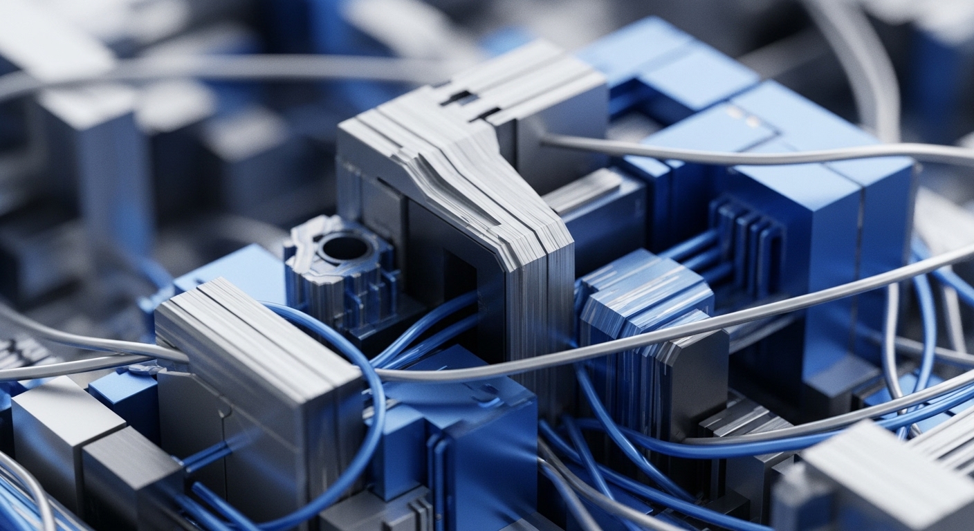 The image displays a dense arrangement of metallic grey and vibrant blue modular blocks, meticulously connected by a web of grey and blue cables. These components form a sophisticated, abstract representation of a high-performance computational system