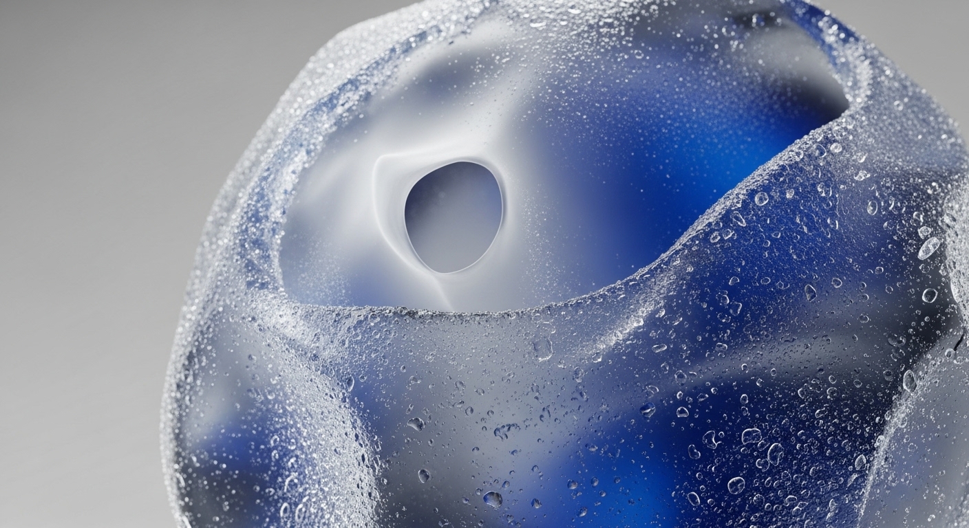 A translucent, irregularly shaped object, covered in numerous water droplets, reveals a deep blue interior and a smooth, light-colored central opening. The object's surface exhibits a textured, almost frosted appearance due to the condensation, contrasting with the vibrant, uniform blue within