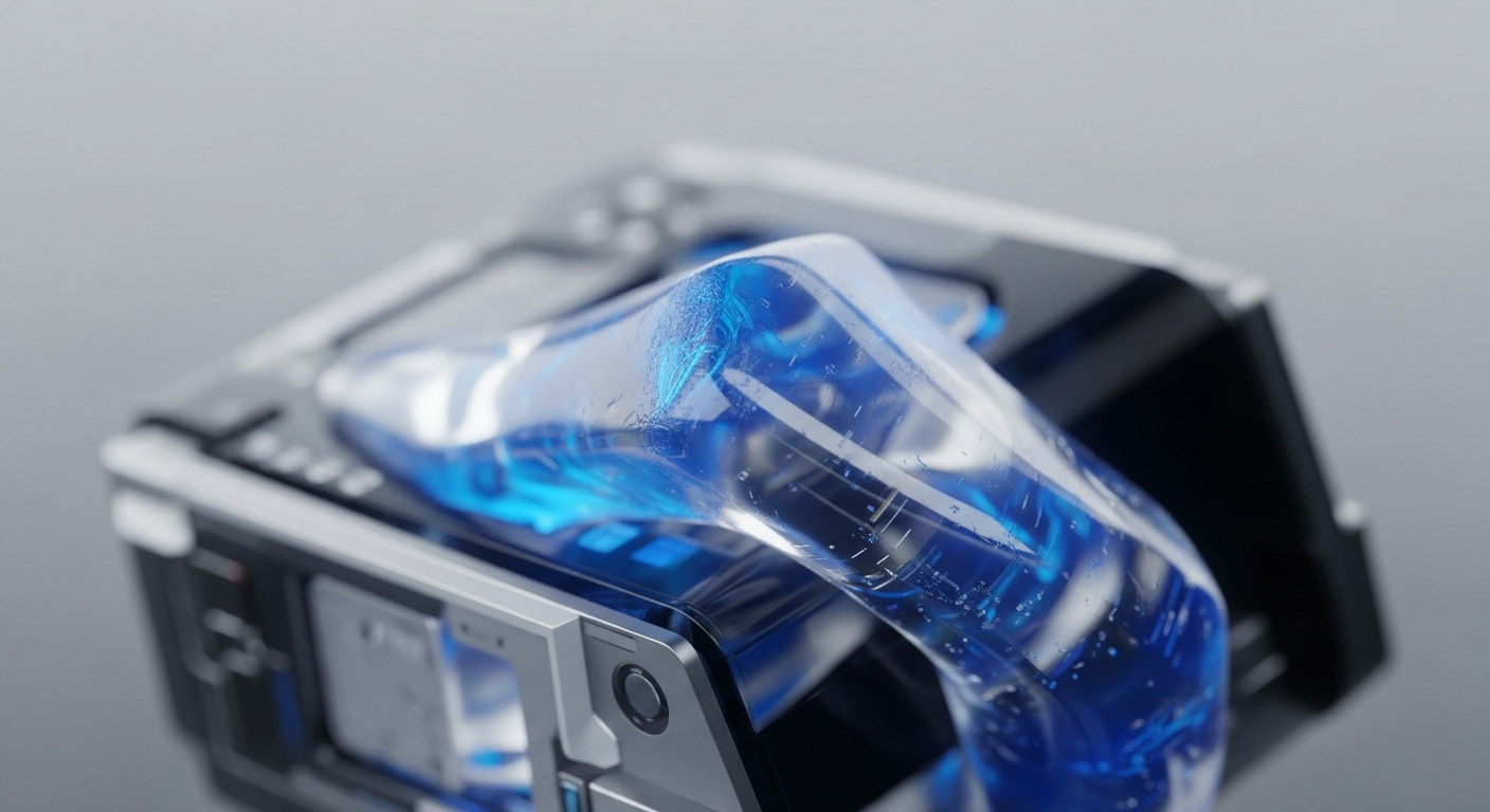 A sleek, metallic computing unit features a prominent translucent conduit filled with swirling blue fluid, symbolizing dynamic data streams within a decentralized network. This blockchain infrastructure component suggests high-performance transaction processing and computational power, essential for proof-of-stake validators or mining operations. The visible internal flow could represent liquidity pools or smart contract execution, with the device acting as a node facilitating interoperability and scalability solutions on a distributed ledger. Its robust design implies secure digital asset custody and efficient block generation.