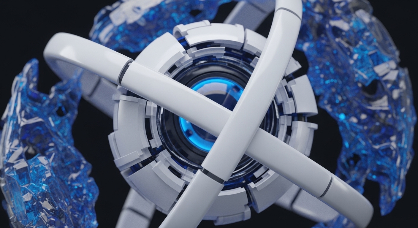 The visual presents a sophisticated central white mechanical structure with a vibrant blue glowing core, encircled by ethereal, fragmented blue elements. This intricate design represents a core consensus mechanism facilitating advanced blockchain interoperability