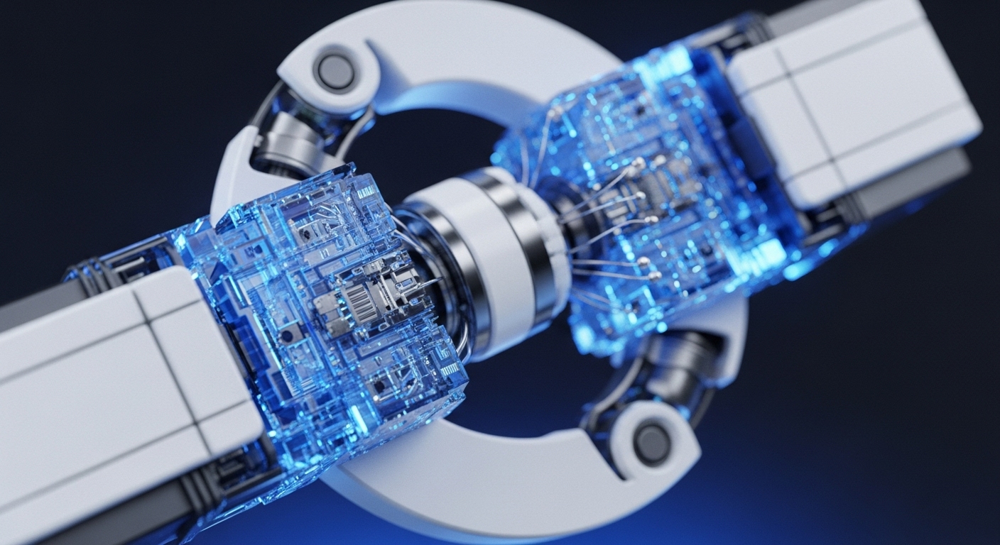 Two futuristic robotic components, featuring sleek white exterior panels and transparent sections revealing intricate blue glowing circuitry, are shown connecting at a central metallic joint against a dark background. The illuminated internal mechanisms suggest active data processing and secure operational status within a complex digital system