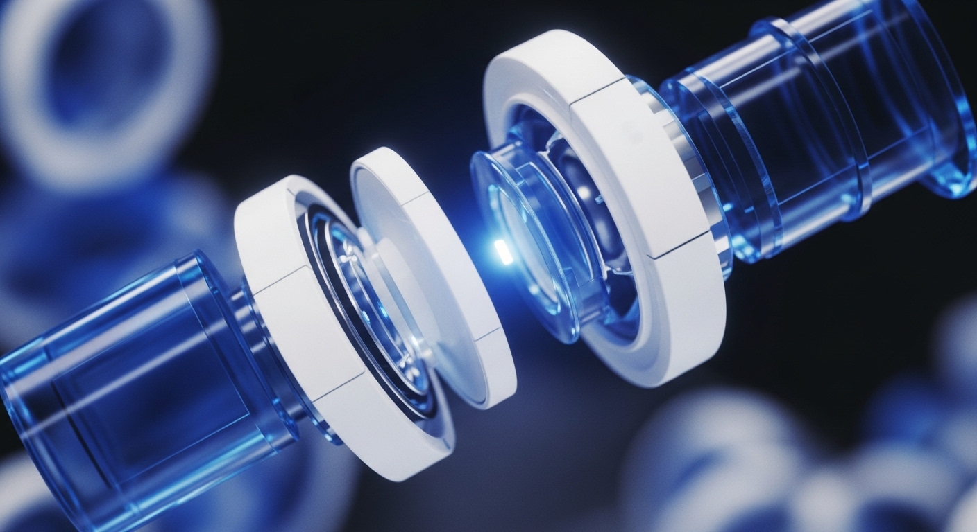 The image presents an array of futuristic white and translucent blue mechanical components, appearing to connect or separate, with a vibrant blue light emanating from their central interface. These precisely engineered elements are positioned against a dark, blurred background, hinting at a complex, high-tech system in operation