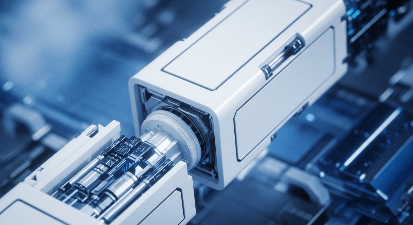 Two modular white electronic components securely connect, revealing intricate internal wiring and metallic conduits. The image depicts a close-up of this sophisticated blockchain architecture, symbolizing critical infrastructure for digital asset ecosystems
