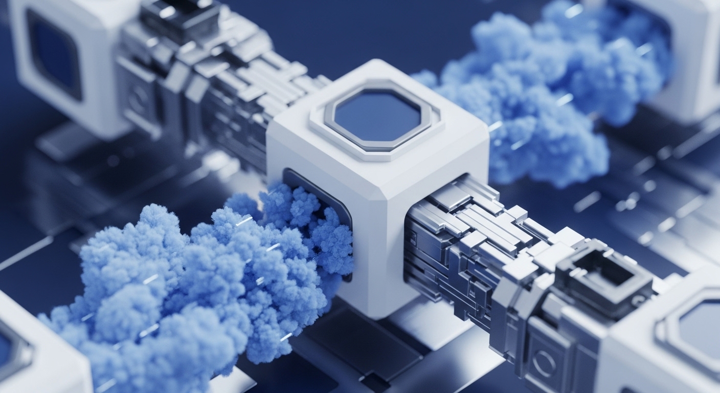 Modular, white and metallic technological components are interconnected, with streams of particulate blue matter flowing through their conduits. These structures suggest a sophisticated network facilitating transfer and processing