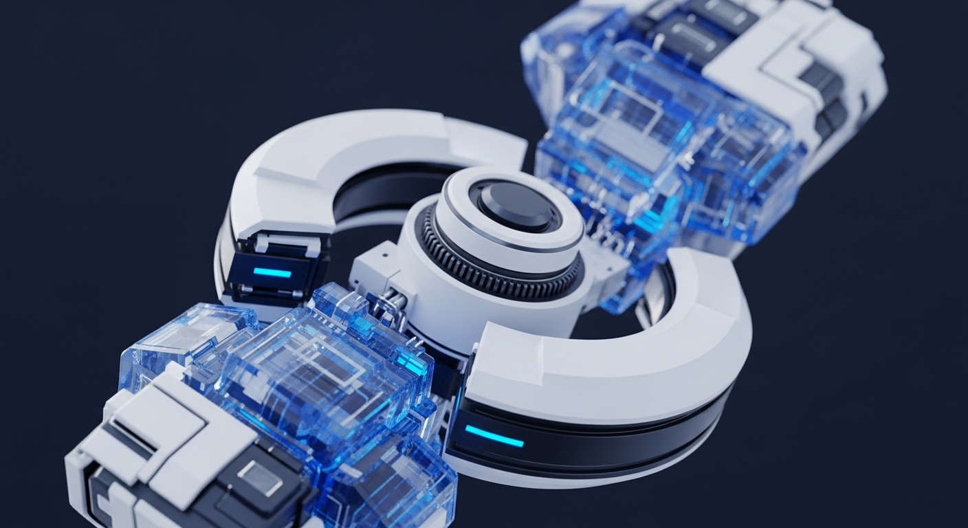 A highly detailed render displays a complex, futuristic mechanical structure composed of interconnected white and dark grey segments, featuring prominent translucent blue components with internal glowing elements. A central circular module with intricate detailing anchors the design