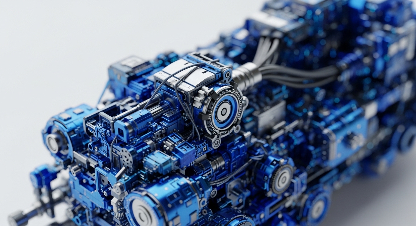 The foreground presents a sharply focused, intricate metallic blue machinery, rich with interconnected components, gears, and polished structural elements. This complex engineering extends into a blurred background, suggesting a vast, operational system underpinning digital infrastructure