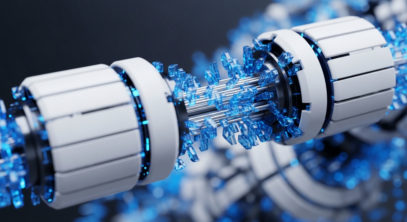 The image presents a striking abstract representation of a high-tech data conduit, featuring prominent white, segmented cylindrical structures linked by a central array of metallic rods. Bursting forth from the core are numerous glowing blue, geometrically shaped elements, suggesting dynamic energy or data flow