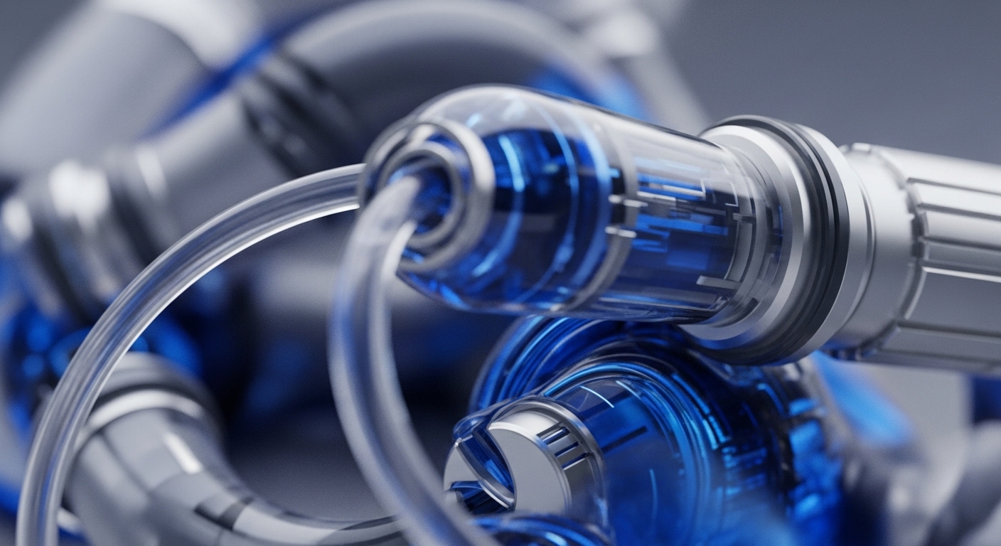 The image displays transparent tubing carrying a luminous blue fluid or energy, intricately connected to polished metallic components, suggesting a sophisticated technological system. This detailed view highlights the internal workings of a complex mechanism