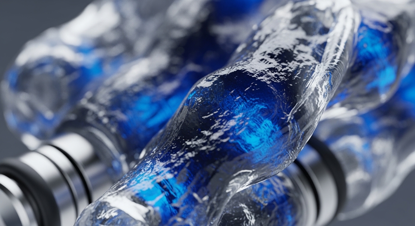 Intertwined translucent conduits, filled with vibrant blue light or fluid, suggest dynamic data or energy transfer within a complex system. White, frosted textures on the conduit surfaces evoke cryptographic security layers or cooling mechanisms for high-throughput operations. Metallic connectors anchor these structures, symbolizing robust network nodes facilitating cross-chain liquidity and decentralized asset pipelines. This visual metaphor represents the intricate flow of tokenized data streams and smart contract execution across a distributed ledger technology framework, emphasizing scalability and interoperability in Web3 infrastructure.