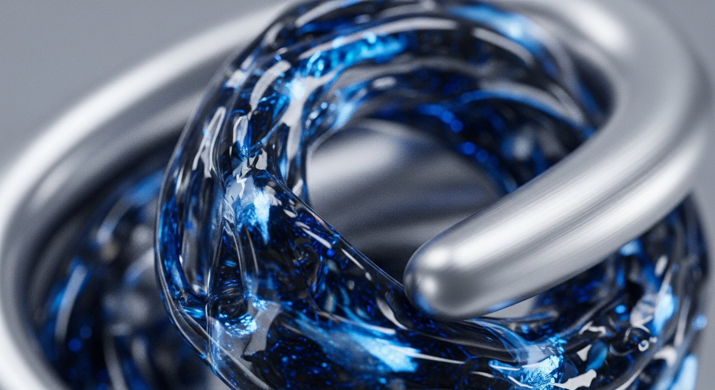A macro perspective showcases two distinct, intertwined tubular forms. One form is a sleek, reflective silver, while the other is transparent, encapsulating a vibrant, effervescent blue substance