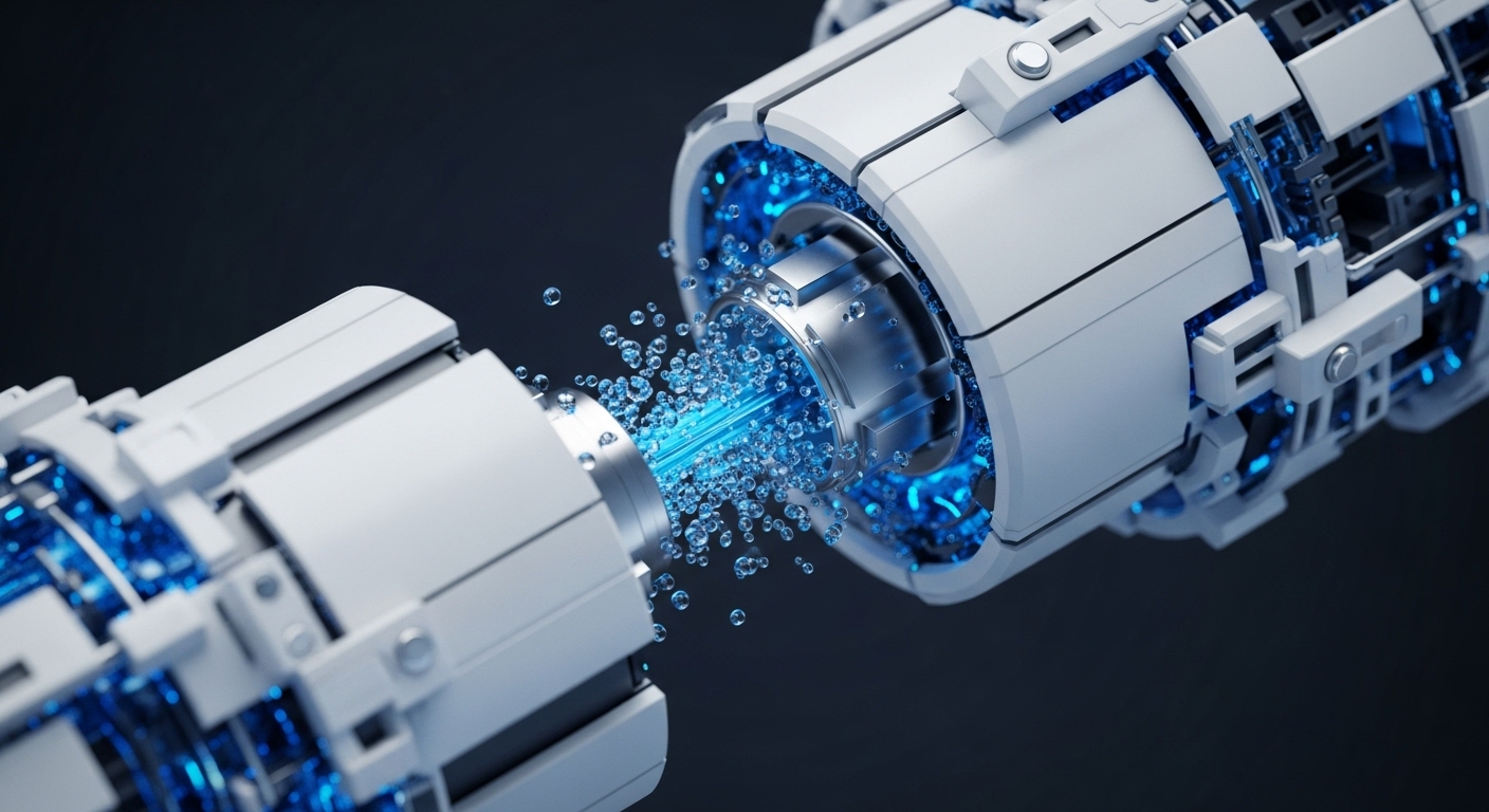 Two sleek, white cylindrical technological modules are shown in close proximity, actively engaging in a luminous blue energy transfer. A vibrant beam of blue light, surrounded by numerous glowing particles, emanates from one module and converges into the other, highlighting a dynamic connection