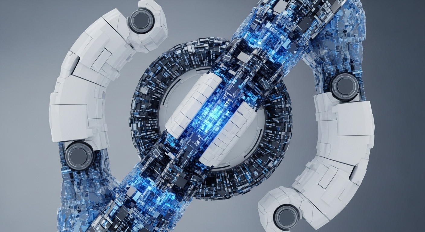 A dynamic abstract digital composition showcases a central, glowing blue cylindrical conduit, suggesting a rapid flow of digital information. This vibrant core is integrated within a dark, intricate circular structure and partially enveloped by two sleek, white, segmented components