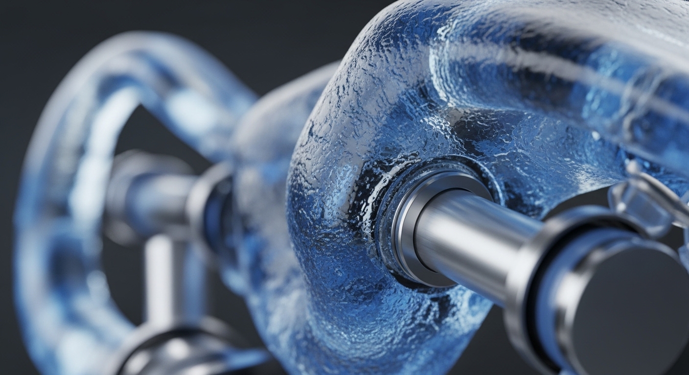 A detailed close-up showcases a sophisticated mechanism, featuring a translucent, icy blue body with a textured surface, integrated with polished silver metallic shafts and rings. The foreground is sharply focused on these intricate components, while the background is softly blurred, emphasizing the engineering precision