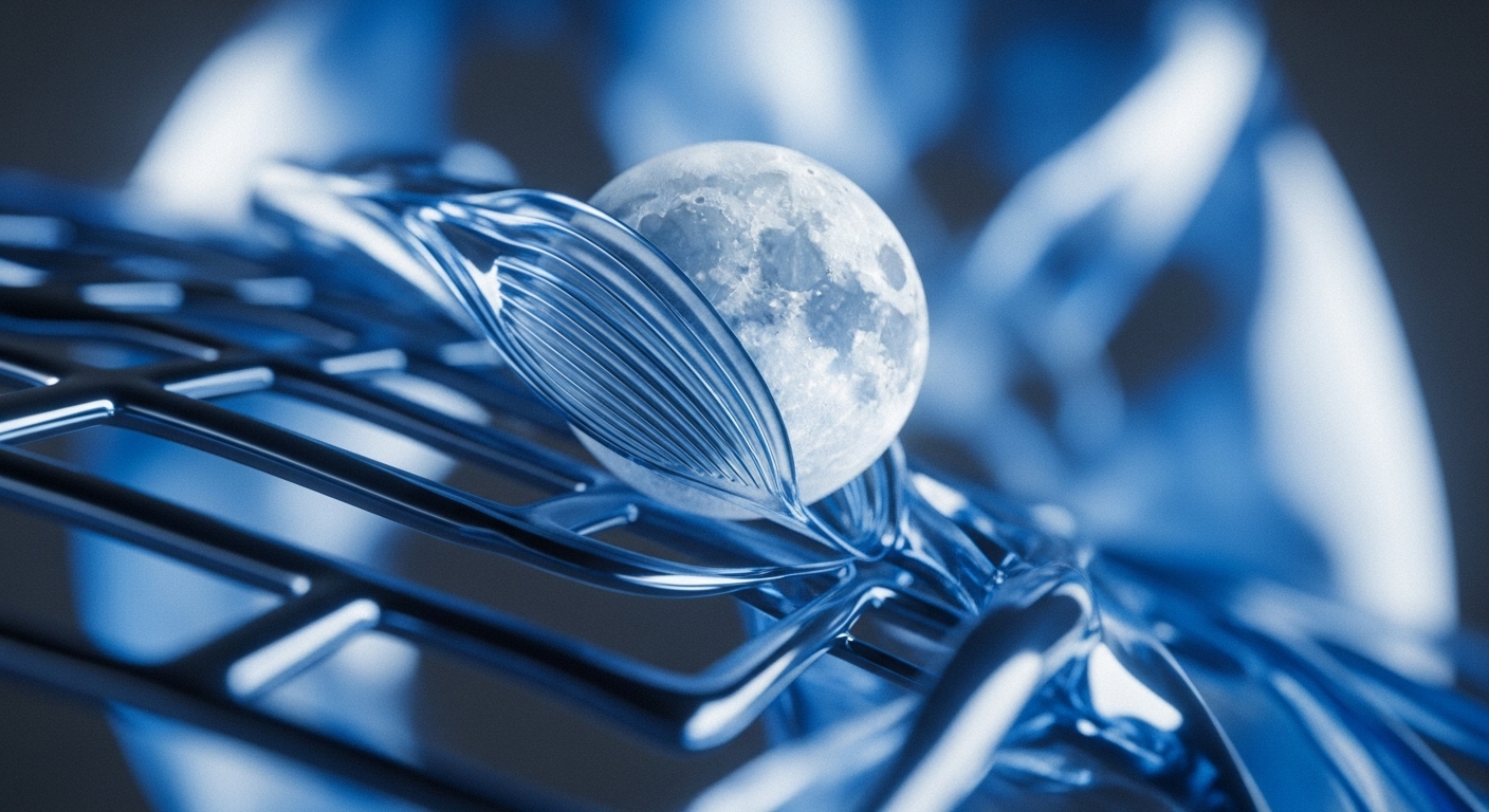 A luminous, cratered sphere, resembling the moon, is intricately held within a complex, glossy blue metallic lattice. This abstract digital composition features a blurred blue background, emphasizing the central elements