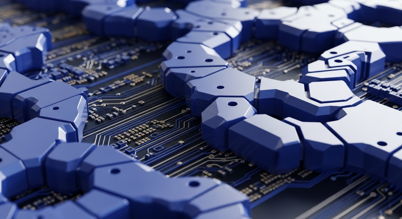 A blue, segmented, hexagonal chain-like structure intricately overlays a dark, high-tech circuit board. This visual metaphor represents a blockchain's interconnected nodes within a distributed ledger network. The underlying circuitry symbolizes the foundational cryptographic infrastructure supporting transaction validation and immutable record keeping. Each segment could signify a block containing digital assets or smart contract data, secured by a consensus mechanism. This visual emphasizes the decentralized and peer-to-peer nature of Web3 ecosystems.