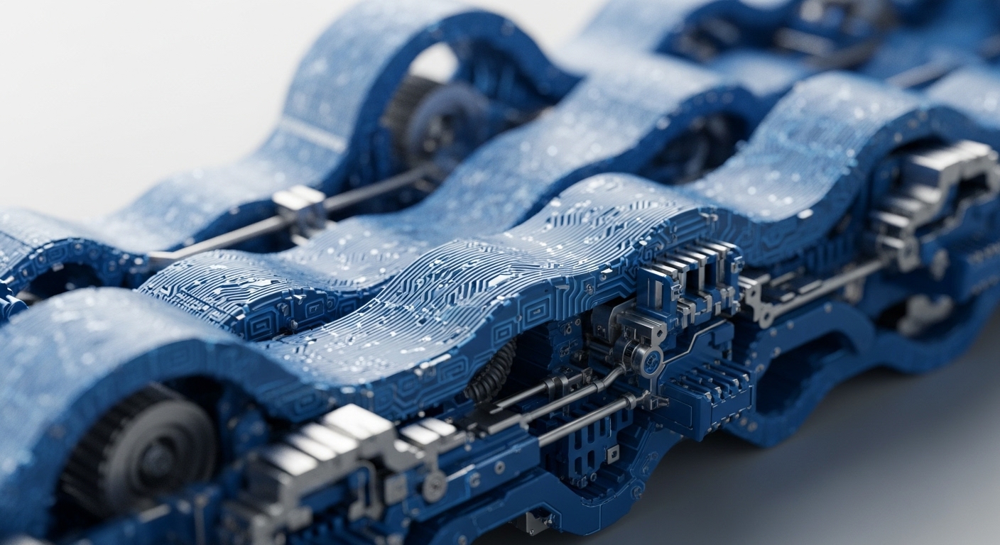 The image presents a detailed close-up of a blue, wave-like structure embedded with intricate circuit patterns and metallic mechanical components. The undulating form reveals complex digital pathways and integrated gears, suggesting a sophisticated technological system