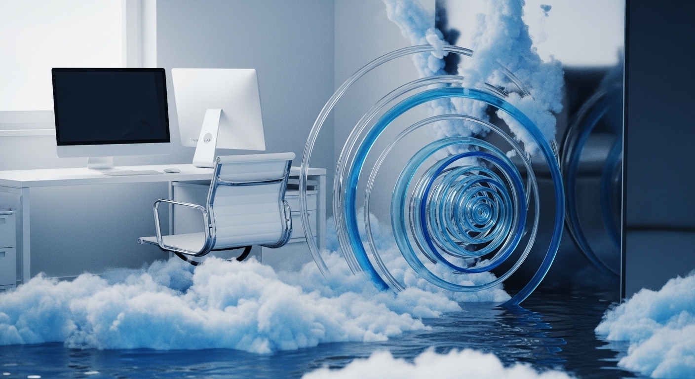 A modern office environment partially submerged in water and ethereal clouds, symbolizing a transformative shift. Prominently, concentric, translucent blue rings emerge from the liquid, suggesting intricate blockchain network architecture or DeFi protocol layers. These rings represent scalability solutions like Layer 2 rollups or the interconnectedness of dApps within a Web3 ecosystem. The surrounding mist and water denote market liquidity dynamics and volatile sentiment, impacting digital asset valuations. This visual metaphor encapsulates the complex interplay of on-chain governance and protocol composability in a rapidly evolving decentralized finance landscape.