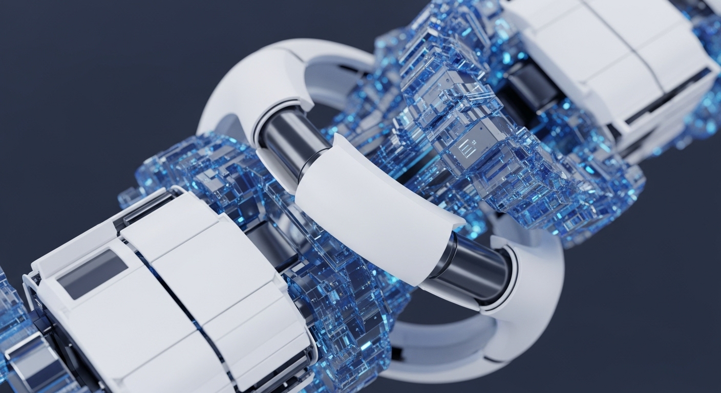 The image displays an abstract, close-up view of interconnected white and transparent blue modular components, forming a linear, undulating structure against a dark grey background. White opaque segments are linked by metallic shafts, housing glowing, crystalline blue blocks filled with intricate digital patterns