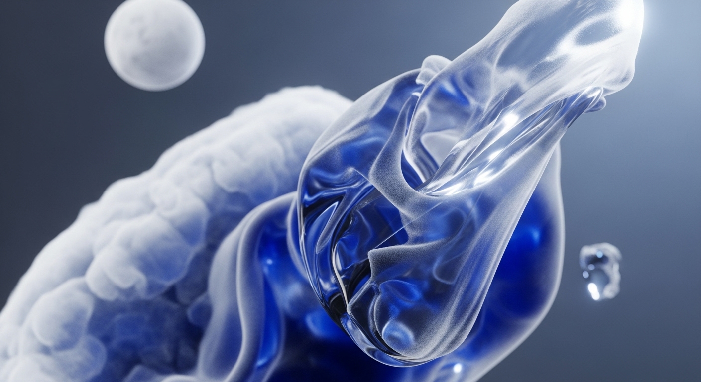 The image features dynamic, translucent blue and white fluid-like forms, with a prominent textured white mass on the left and a soft, out-of-focus white sphere floating above. Smaller, clear droplet-like elements are visible on the far right