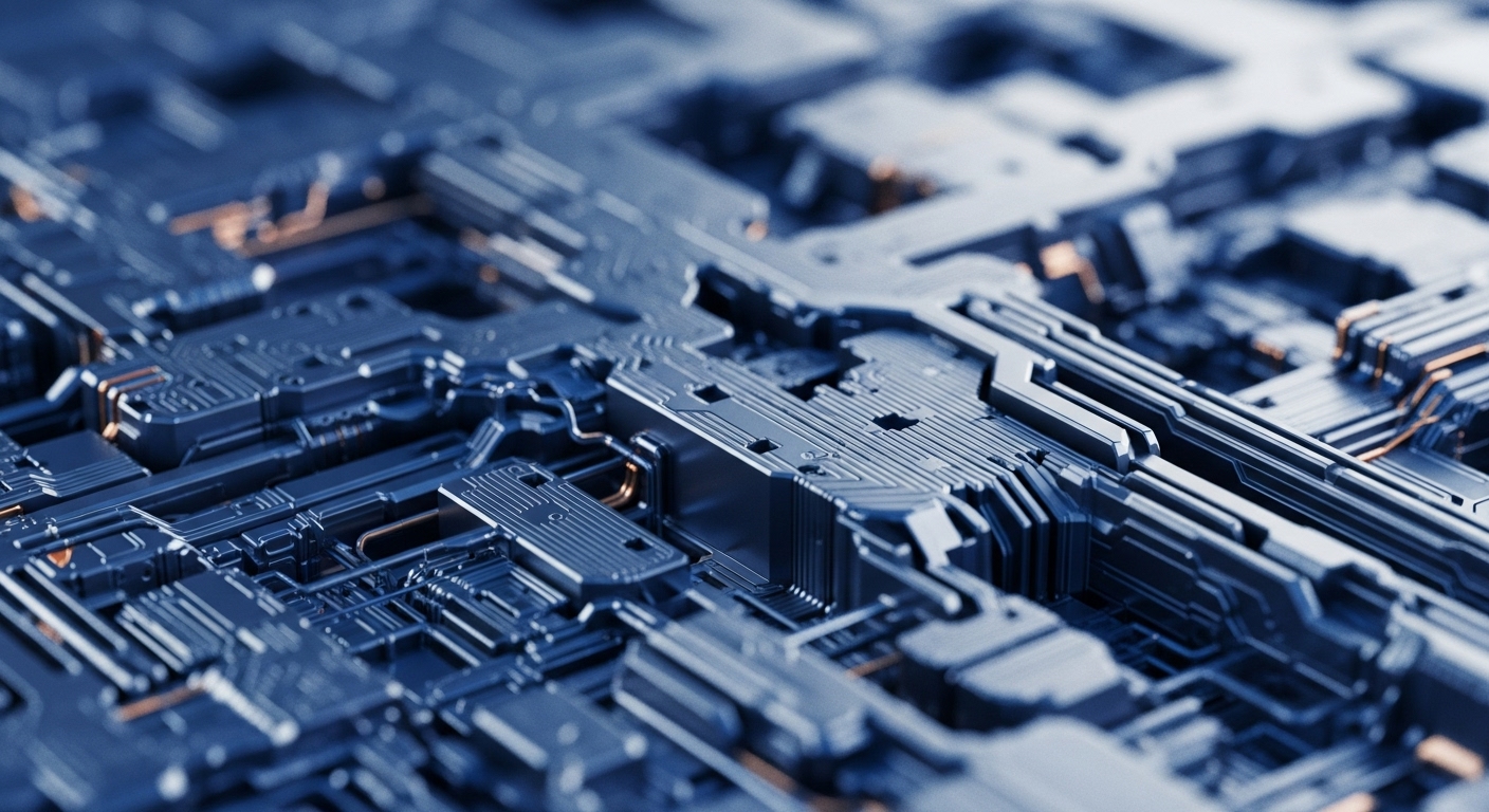 A close-up view reveals an intricate, metallic circuit board composed of numerous interconnected pathways and raised components. The dominant cool blue-gray hues of the hardware are contrasted by subtle, glowing orange accents, suggesting active data transmission within the complex system
