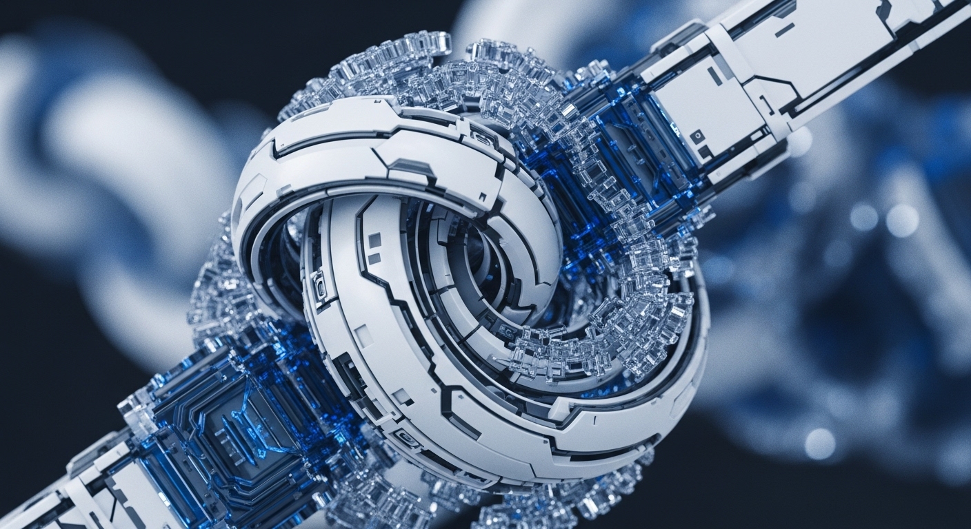 A highly detailed, abstract render showcases a complex mechanical-digital structure, predominantly in white, silver, and luminous blue, forming an intricate knot-like connection. The central focus is a series of robust, segmented components intertwined with transparent, crystalline elements and glowing blue internal circuitry against a blurred dark background