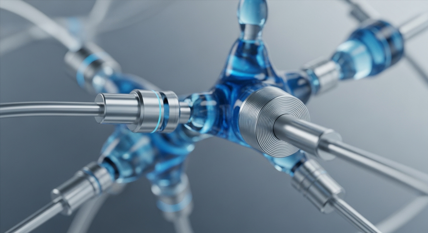 The image displays a sophisticated network of interconnected components, featuring a central translucent blue structure with multiple arms extending outwards. Metallic rods and fittings connect to this core, some exhibiting a subtle blue glow, against a soft, blurred background