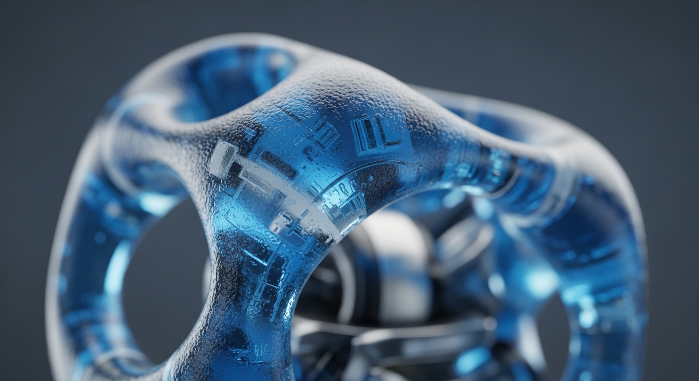 A close-up shot features a translucent, textured blue toroidal object with intricate internal patterns resembling electronic circuits. The object's surface appears frosted, and out-of-focus metallic and white components are visible in the background