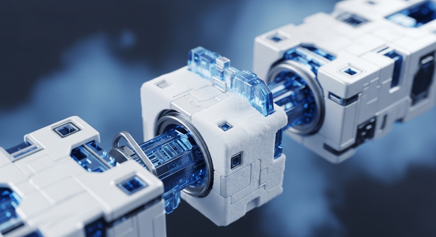 A close-up view presents interconnected white modular blocks, their transparent blue internal structures emitting light, signifying secure data transfer within a blockchain network. Each block functions as a validated node, establishing cryptographic linkage through its modular design. This illustrates a robust distributed ledger technology, emphasizing transaction throughput and immutability. The visible interconnections symbolize a peer-to-peer network facilitating digital asset movement and smart contract execution across the decentralized finance ecosystem.