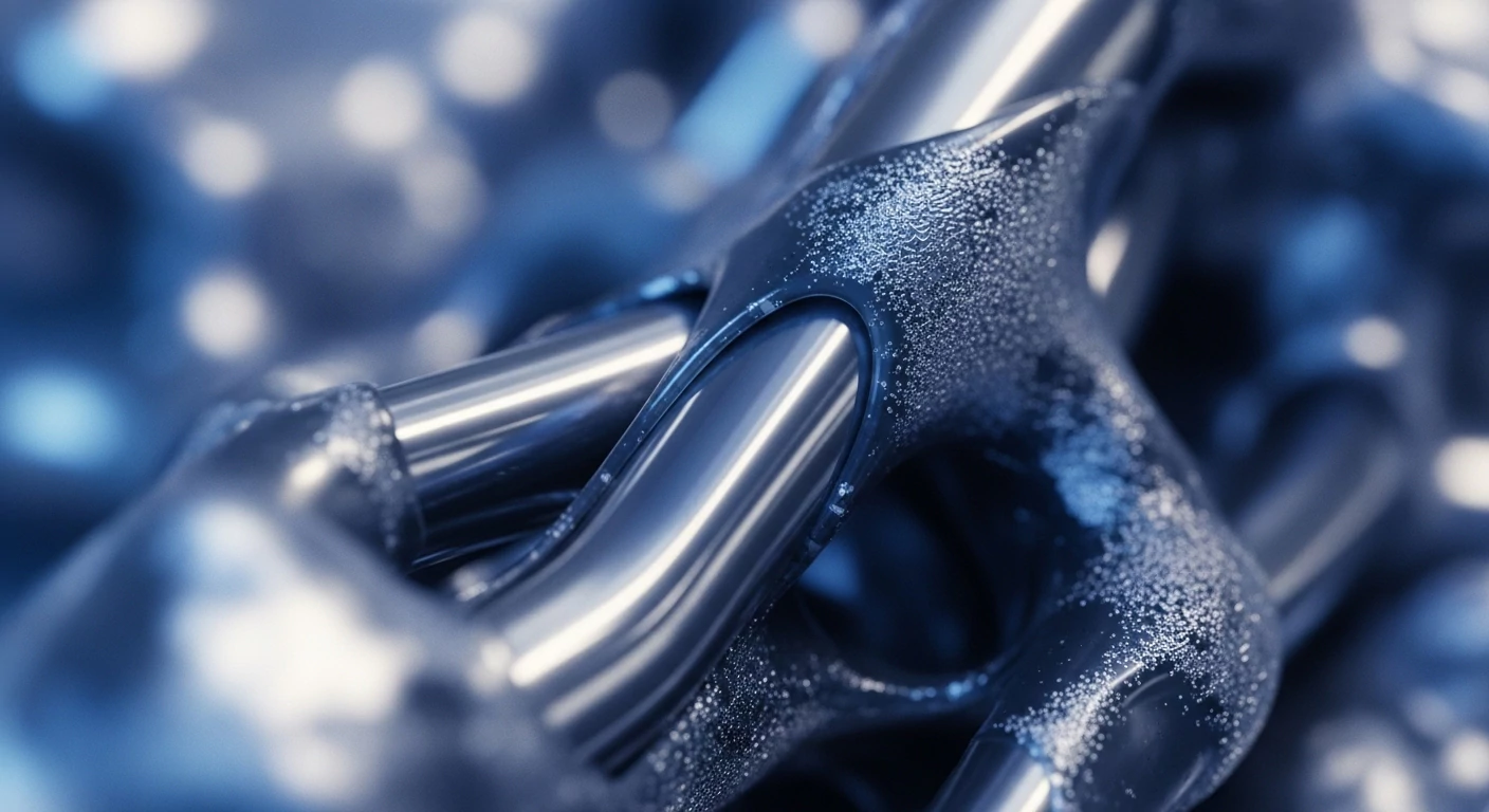 A close-up reveals highly reflective, interconnected metallic components forming a complex structure, bathed in cool blue and silver tones. Granular textures on some surfaces suggest intricate data packets or cryptographic dust. This visual metaphorically represents a robust blockchain backbone, where network nodes facilitate transaction validation across a distributed ledger. The smooth links symbolize seamless interoperability and smart contracts, while the textured areas hint at the underlying cryptographic primitives ensuring immutability and security for digital assets within decentralized finance and Web3 infrastructure.