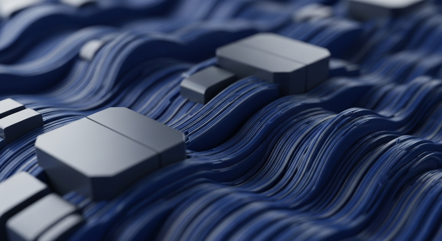 The image displays a series of undulating dark blue textured ribbons, forming a dynamic landscape, interspersed with metallic, geometric block-like objects. These objects, appearing as secure modules, are integrated into the flowing blue pathways