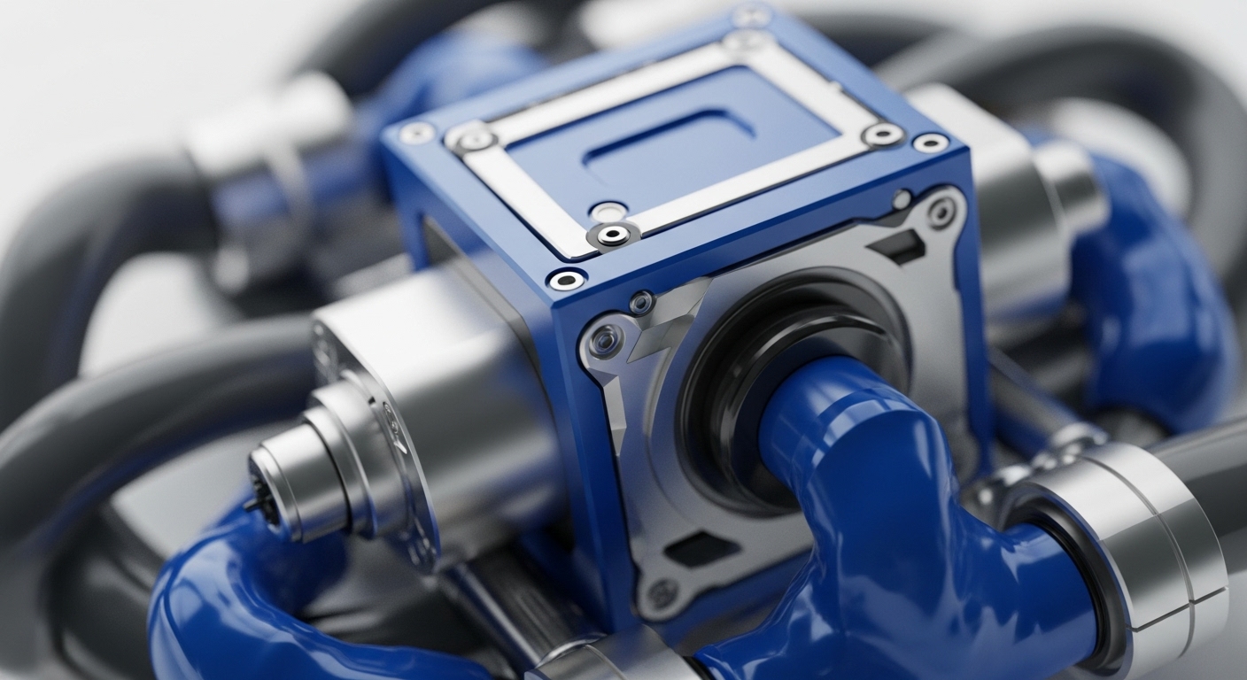 A sophisticated mechanical assembly features a prominent blue, cube-like central unit with metallic silver detailing and visible screw fasteners. Various blue and grey tubes or conduits emanate from and connect to this central component, suggesting a complex network of pathways