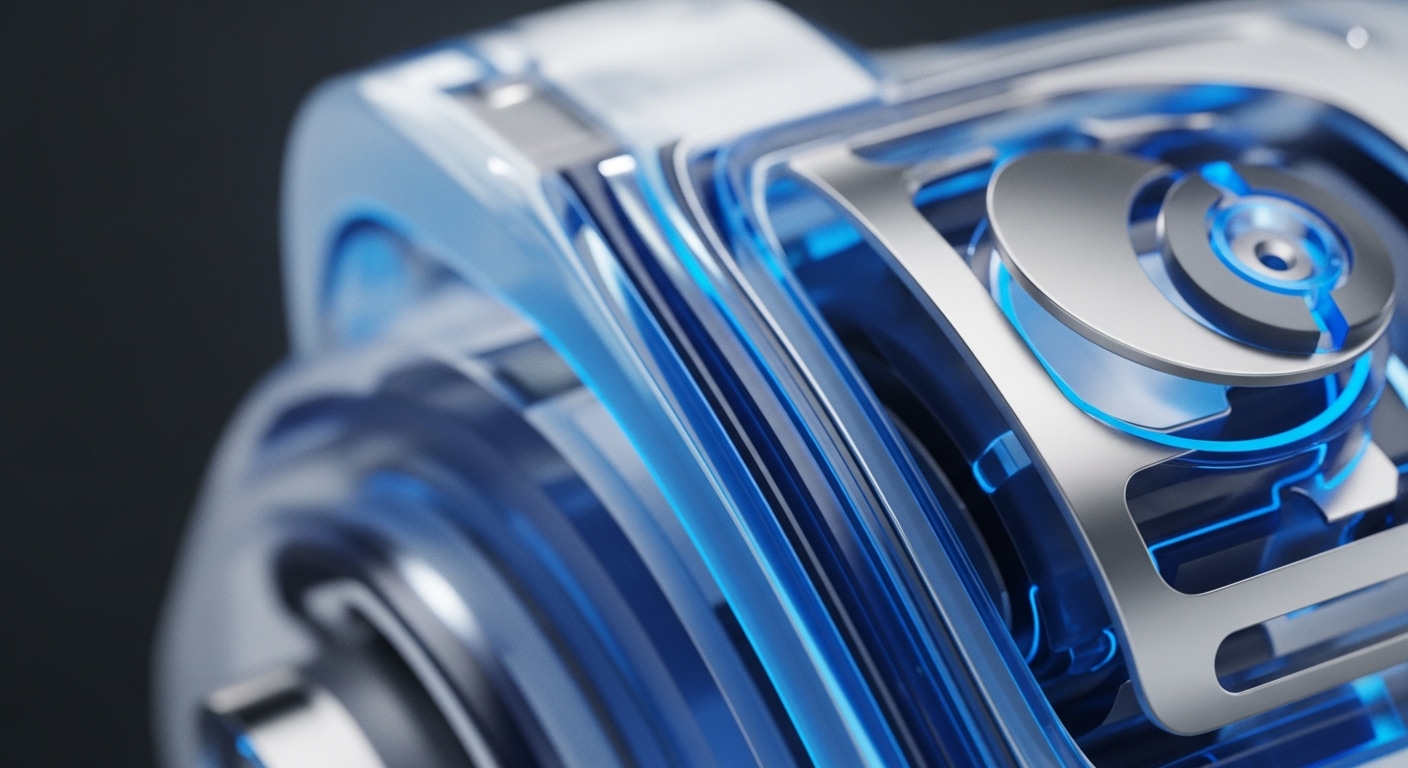 The image presents a detailed, abstract view of a high-tech mechanism, characterized by translucent blue elements and polished silver structures. Glowing blue light emanates from within, highlighting intricate internal components and a central circular device