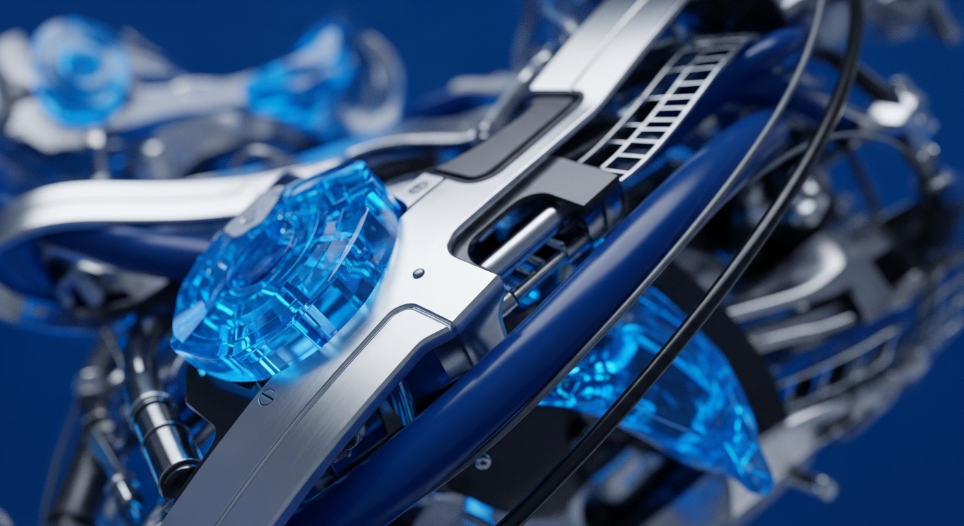 A close-up view reveals a sophisticated blockchain node infrastructure, featuring polished silver metallic components intricately interwoven with translucent, glowing blue cryptographic processing units. These elements symbolize the complex data pipelines and hash functions essential for transaction validation within a distributed ledger technology network. The robust design suggests high fault tolerance and network security, crucial for maintaining data integrity and achieving transaction finality in a peer-to-peer network environment, underpinning decentralized finance operations.