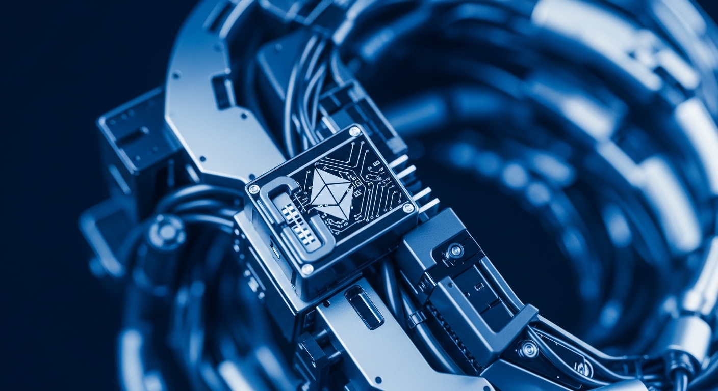 The image presents a close-up of a sophisticated, blue-hued hardware component, showcasing intricate metallic structures and integrated circuitry. A central module prominently displays a geometric symbol, signifying a core element within a decentralized ledger technology system