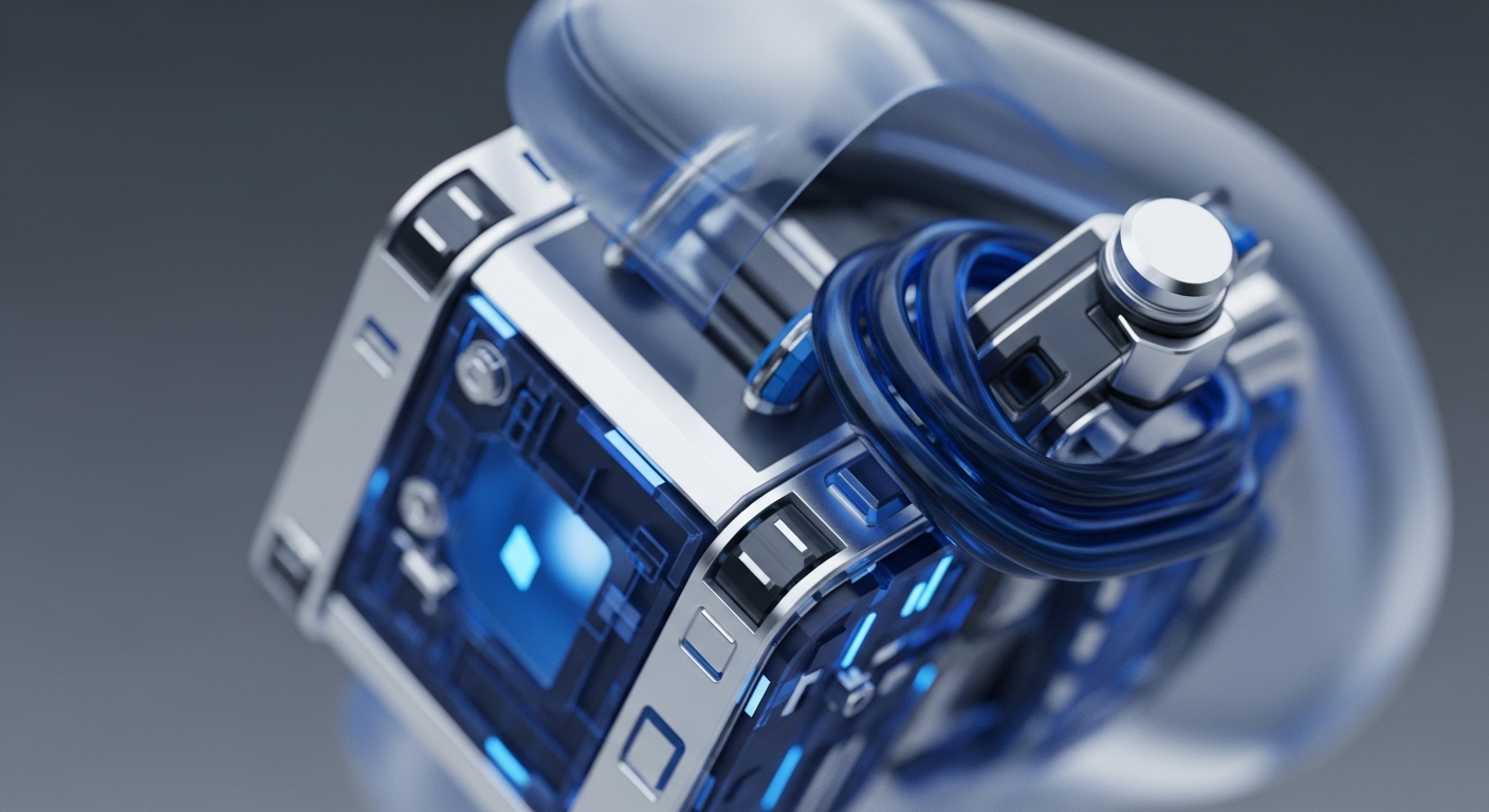 A futuristic, metallic, and translucent device features glowing blue internal components and a prominent blue conduit. The intricate design highlights advanced hardware engineering