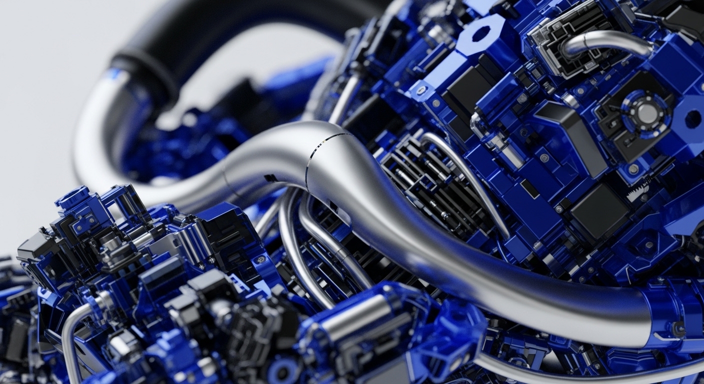 A close-up view reveals an intricate network of metallic blue and silver components, forming a complex blockchain node architecture. The polished blue blocks, resembling data processing units or ASIC miners, are interconnected by gleaming silver tubes and wires, signifying network topology and data integrity. This visual metaphor illustrates the underlying distributed ledger technology infrastructure, where cryptographic primitives secure block propagation. The precise engineering suggests robust consensus mechanism operations, crucial for validator nodes and smart contract execution within a decentralized finance ecosystem. It embodies the hardware backbone supporting Web3 applications.